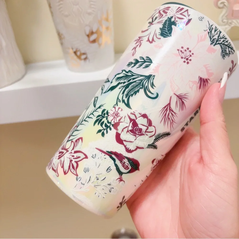 STARBUCKS Holiday 2020& 2021 NWT Ceramic Gold Pine Cone Tumbler Travel Mug 12oz